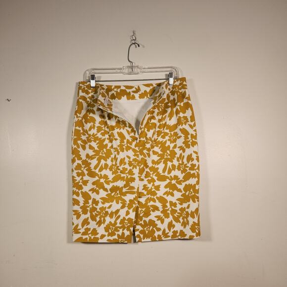 LOFT Knee Length Skirt Womens 8 Mustard Yellow White Floral Pencil Lined Office - Picture 6 of 8